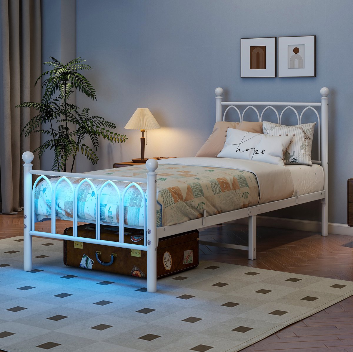 Wishdor Bedframe 90x200 cm - Met LED en USB-oplaadstation - Vintage hoofdbord en voetbord - Metaal - Inclusief opbergruimte - Wit - 208 x 90 x 102 cm