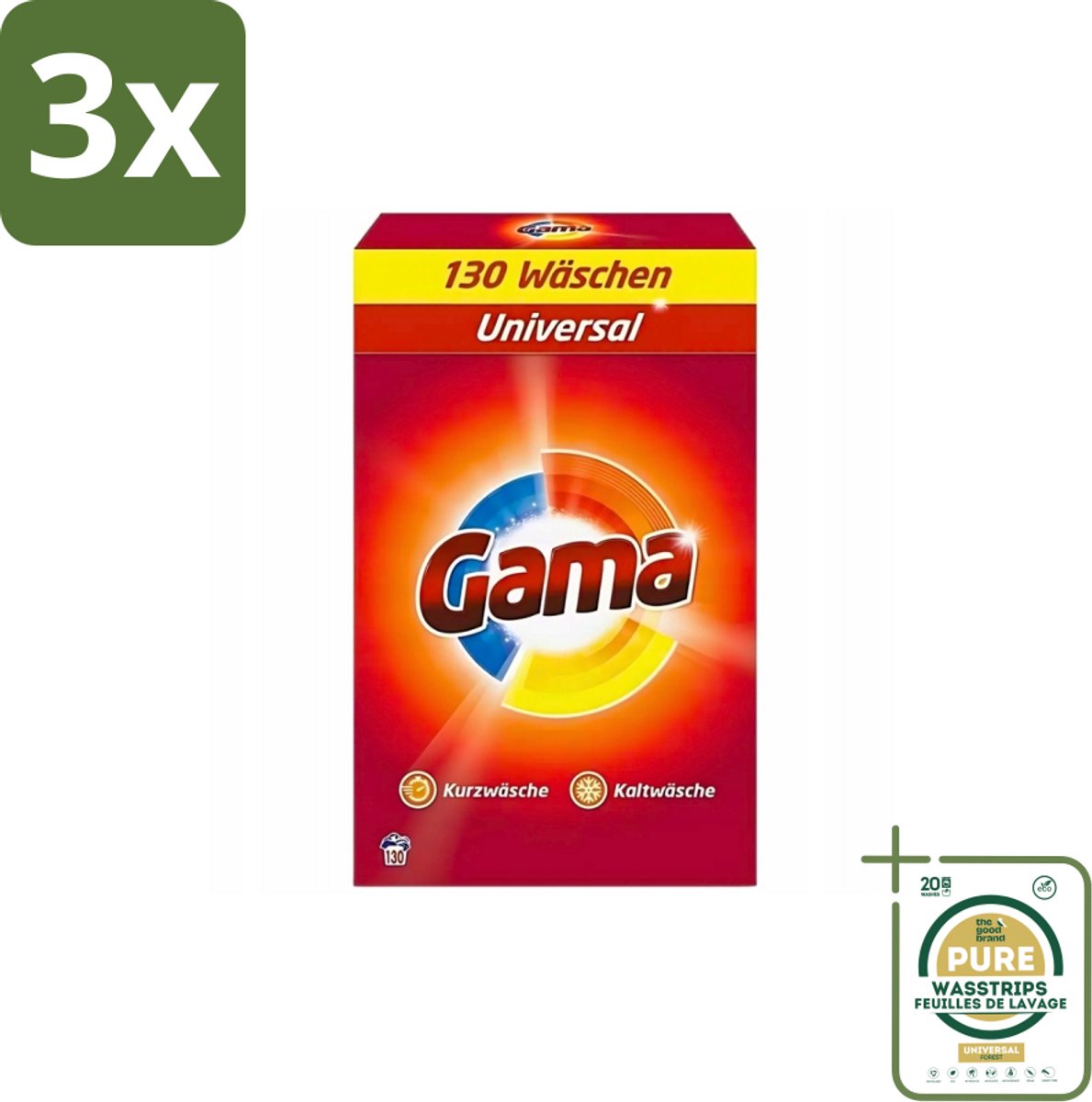 3 x Gama - 3-in-1 Waspoeder - Universal - Voor Alle Kleuren - 130 Wasbeurten - Grootverpakking - Waspoeder - Wasbeurten - Wasmachine - Kleurenbeschermer - Vlekkenverwijderer