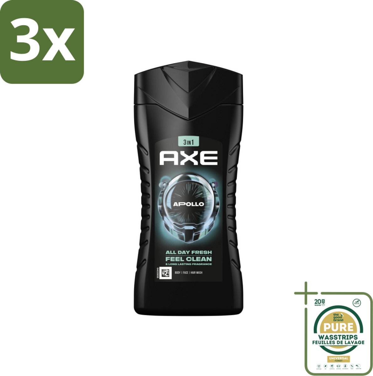 3 x Axe - 3-in-1 Douchegel - Apollo - Sage & Cedarwoord - 12hrs Long Lasting Scent - 250 ml - Grootverpakking - Douchegel Lichaam Gezicht Haar - Geur Salie Cederhout - 12 Uur Fris - Bacteriënverwijdering - Plantaardige Moisturizers