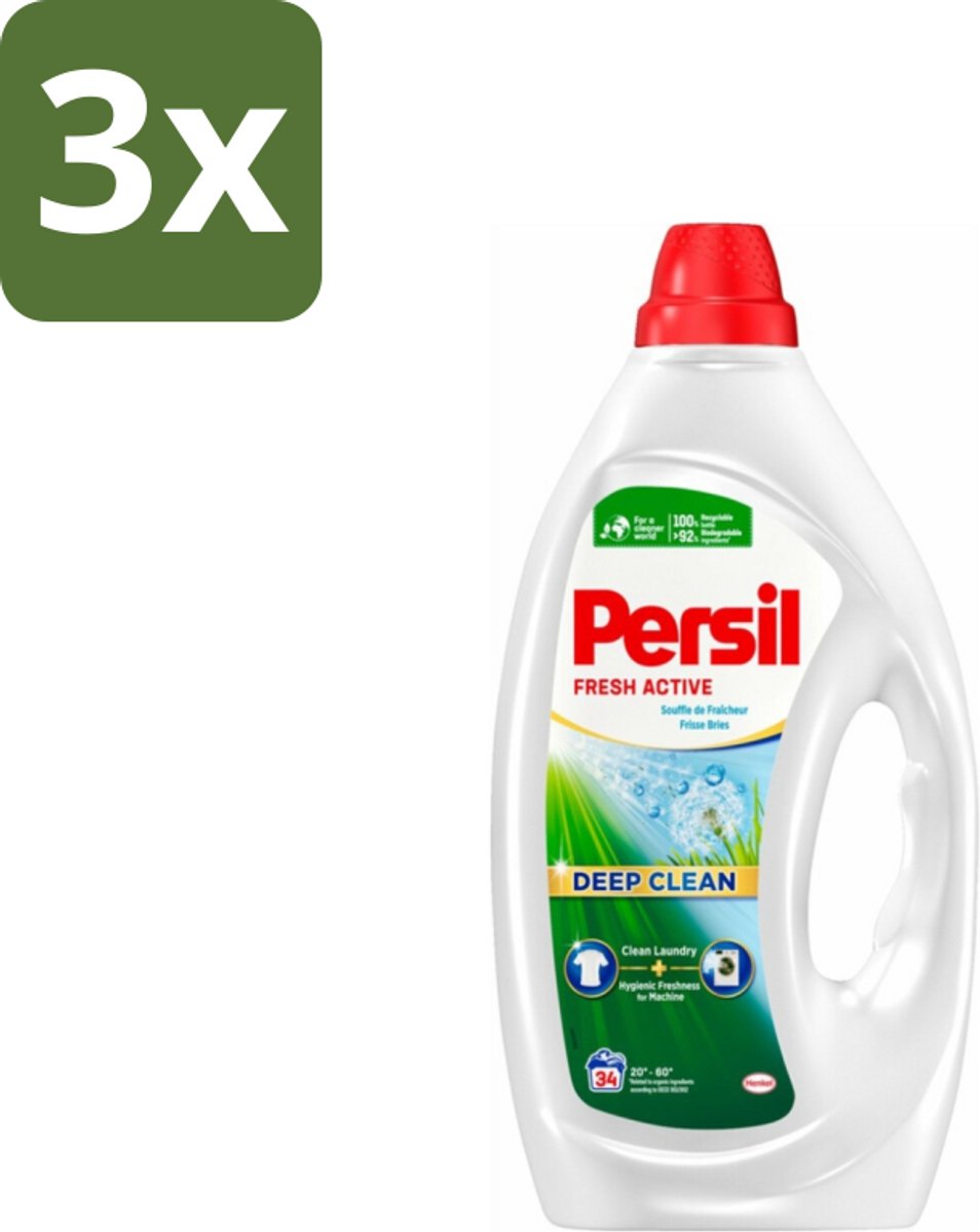 3 x Persil Fresh Active - Vloeibaar Wasmiddel - Witte en Gekleurde Was - Frisse Bries - 34 Wasbeurten - Wasmiddel - Frisse Bries - Diepe Reiniging - Wasmachine Reinigen - Vuilresten Verwijderen