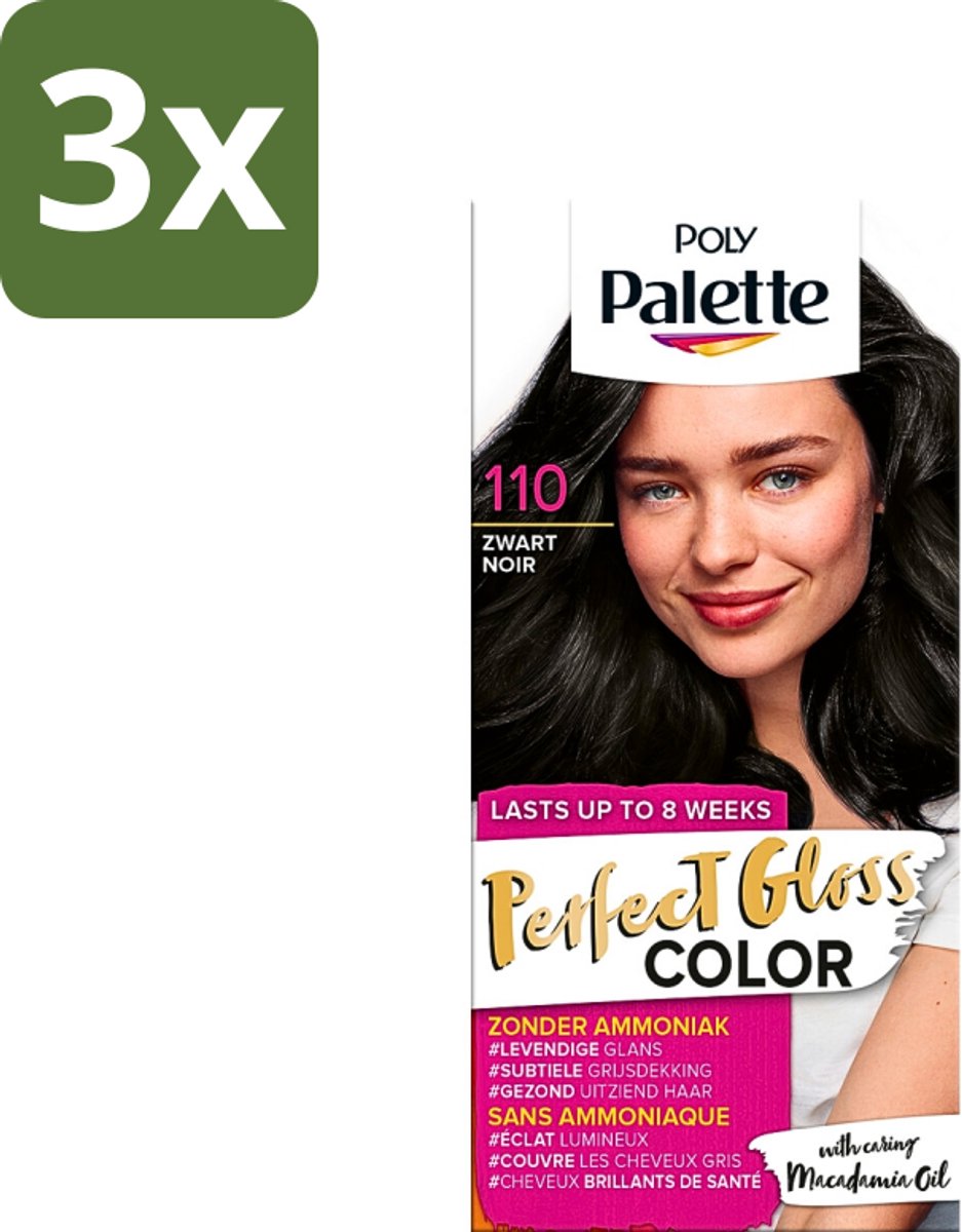 3 x Poly Palette - Haarverf - Glossy Zwart 110 - 115ml - Haarverf - Glossy Zwart - Zonder Ammoniak - Gezond Haar - Glans