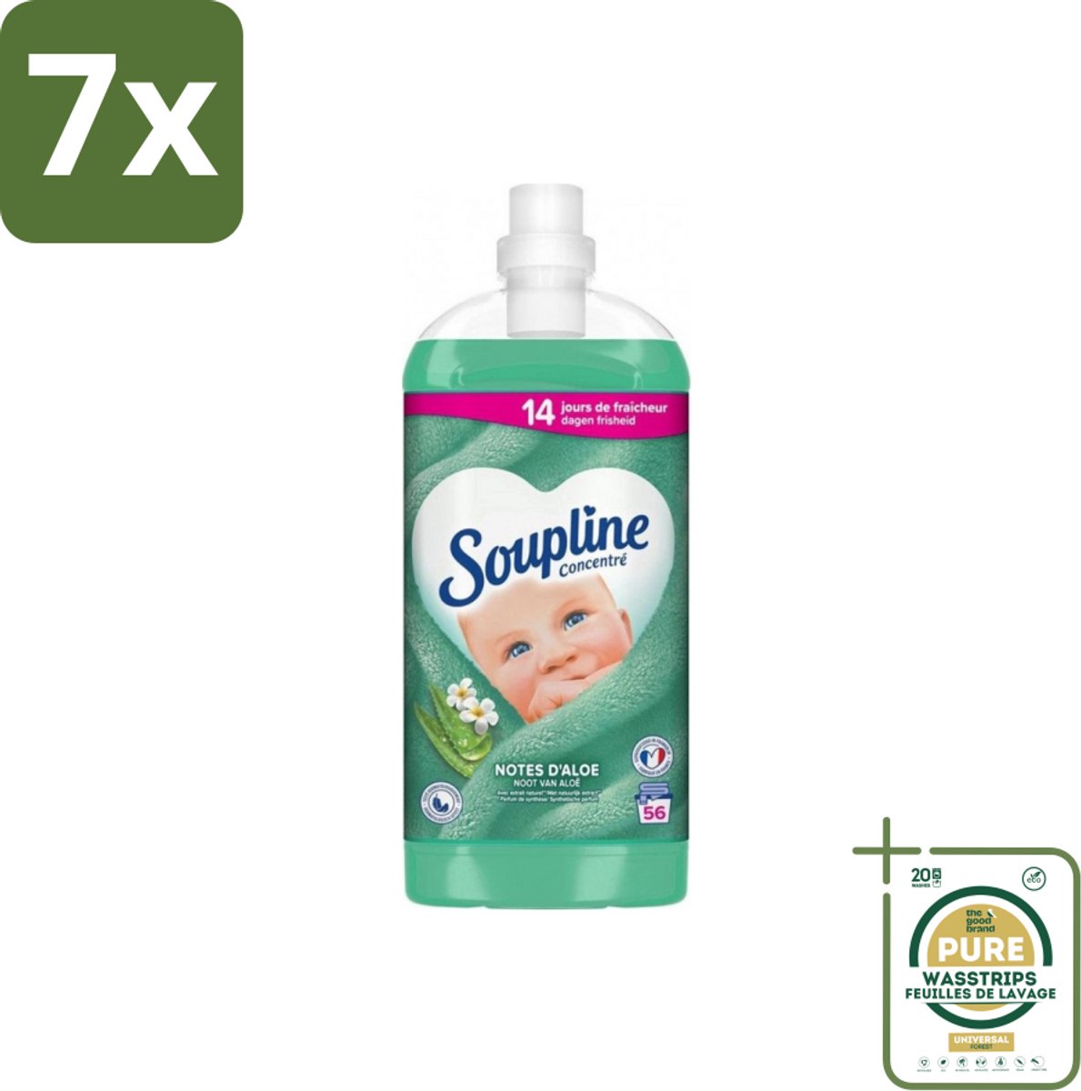 7 x Soupline - Wasverzachter - Aloë Vera - 56 Wasbeurten - 1.3L - Grootverpakking - Wasverzachter Aloë Vera - Frisse Geur - Zachte Kleding - 14 Dagen Frisheid - Natuurlijke Geur