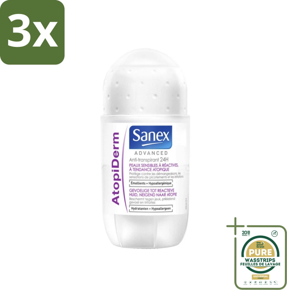 3 x Sanex Advanced - Gevoelig - Deodorant Roller - 24h Anti-Transpirant - Geavanceerd Atopiderm - 50 ml - Grootverpakking - Gevoelige Huid - Gevoelig Deodorant - 24h Bescherming - Atopiderm - Huidbarrière