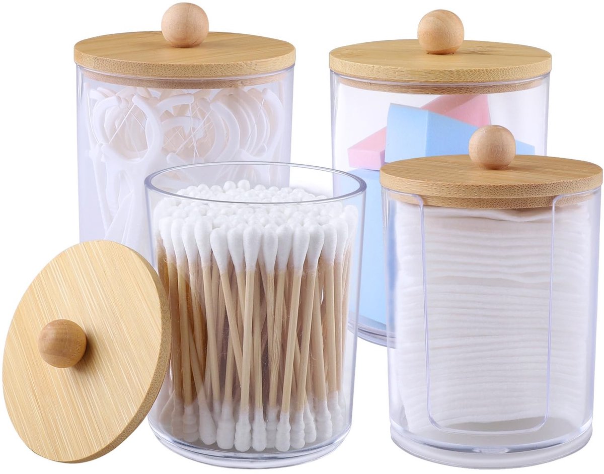 Elzusha - 4 Stuks Acryl Organiser voor Wattenstaafjes met Bamboe Deksel