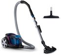 Aspirateur Philips PowerPro Compact violet et noir, avec réservoir transparent et accessoires.