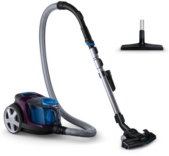 Aspirateur Philips PowerPro Compact violet et noir, avec réservoir transparent et accessoires.