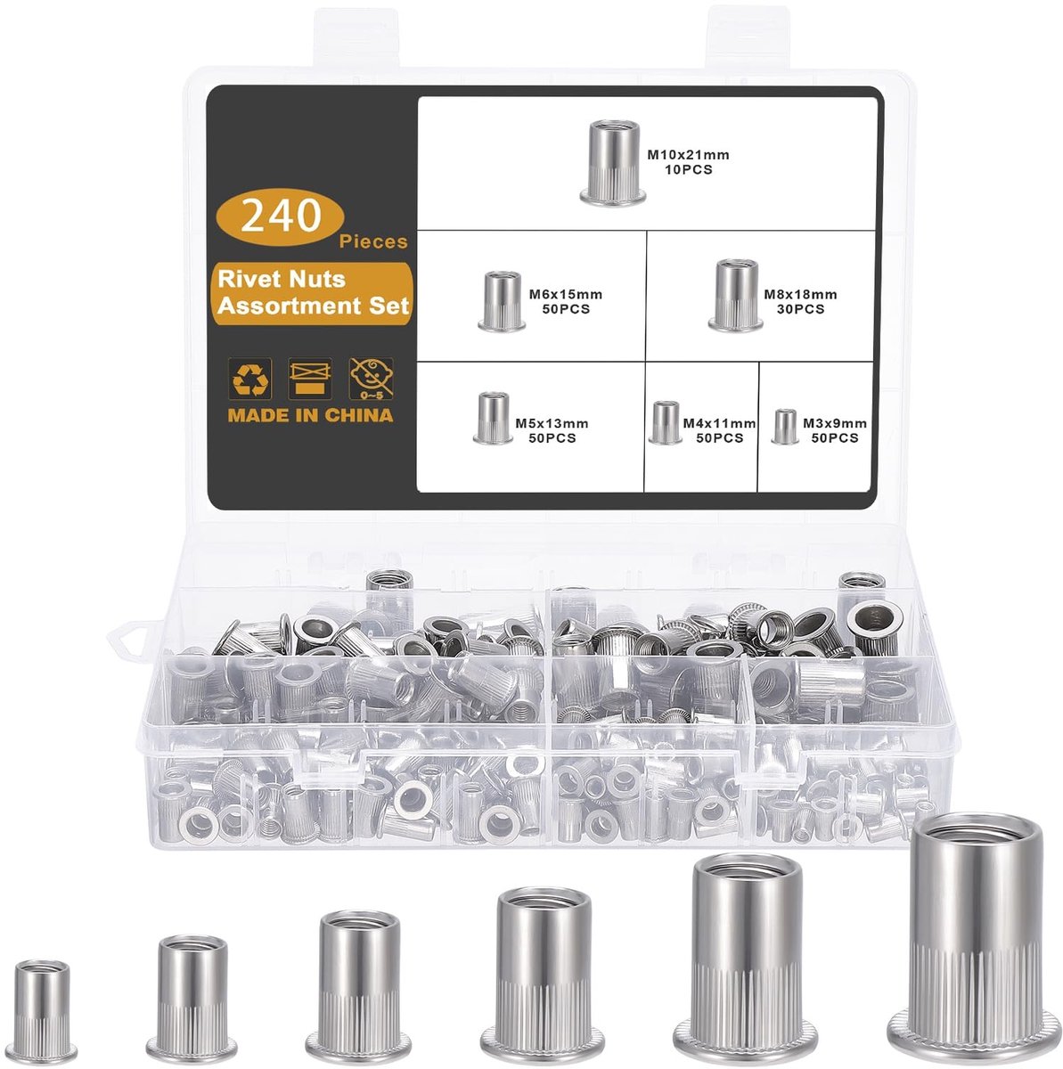 Elzusha - 240 stuks Klinkmoeren Assortiment M3 tot M10 Roestvrij Staal