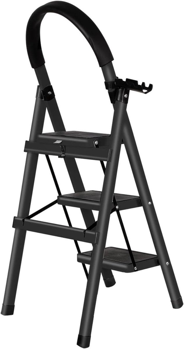 Vouwbare Ladder - Opstap Ladder - Klusjes Binnen - Stabiele Stalen Constructie - 104 cm Hoog - Zwart