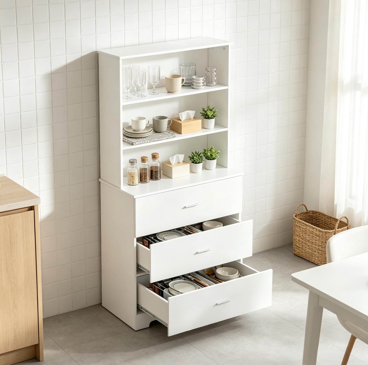 OKWISH Boekenkast – Modern Opbergmeubel – 79 x 39,5 x 182,2 cm – 3 Lades en 3 Open Vakken – Voor Woonkamer of Kantoor – Spaanplaat Wit