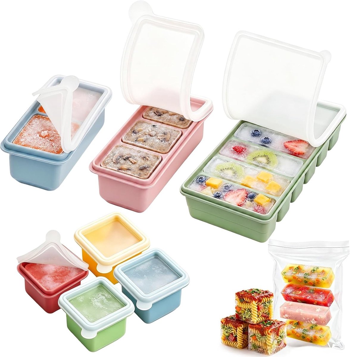 Set van 7 Silicone Vriesvormen met Deksel - Stapelbare Mallen voor Soep, Saus en Maaltijdvoorbereiding, BPA-vrij en Ideaal voor Diepvriesgebruik
