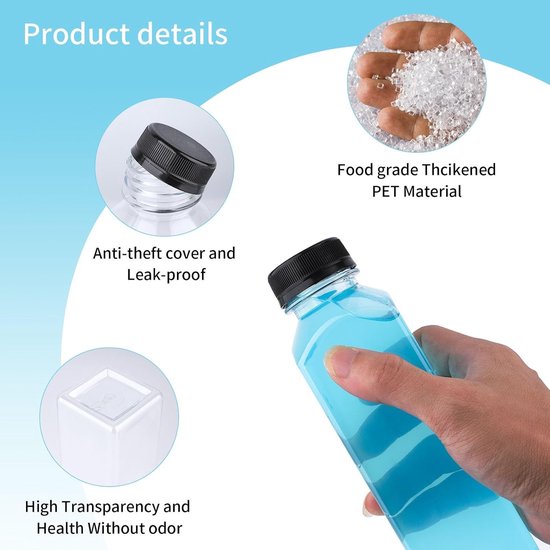 Set van 8 herbruikbare 400ml plastic flessen voor smoothies, sap en shots - Transparante flessen voor koelkast, juicer en dranken — afbeelding 2