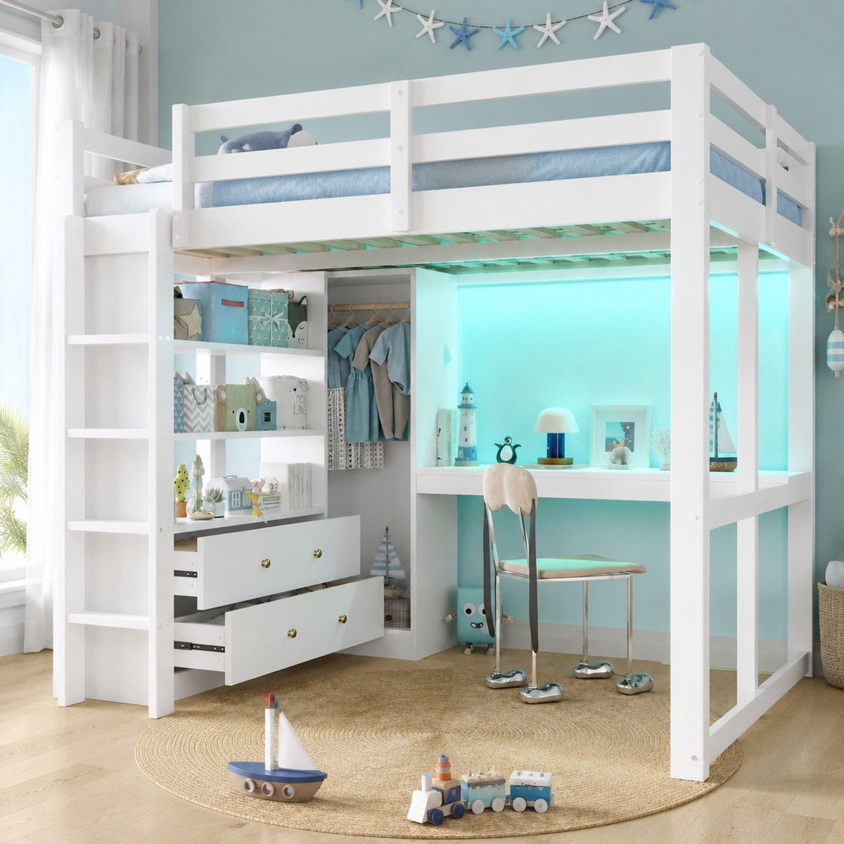 Wishdor Hoogslaper 140x200 cm - Met bureau en 2 lades - Met LED, USB en opbergrekken - Modern ruimtebesparend ontwerp - Slaapkamer studeerhoek - Hout en MDF - Wit
