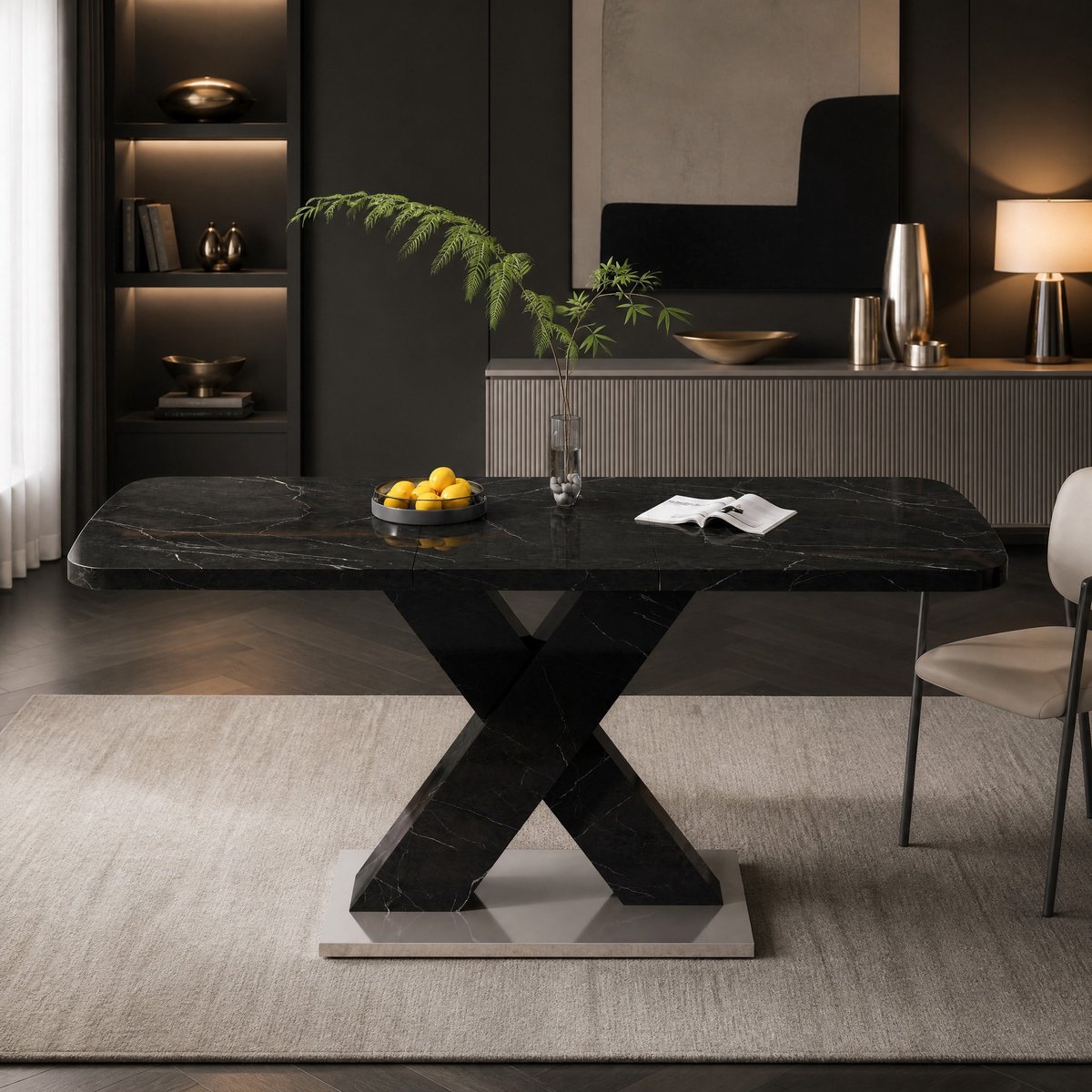 Wishdor Eettafel - Uitschuifbaar - Rechthoekig - X-poot met metalen basis - Modern - Eetkamer woonkeuken dinerhoek - MDF met marmerlook - Zwart - 160 x 80 x 76,5 cm