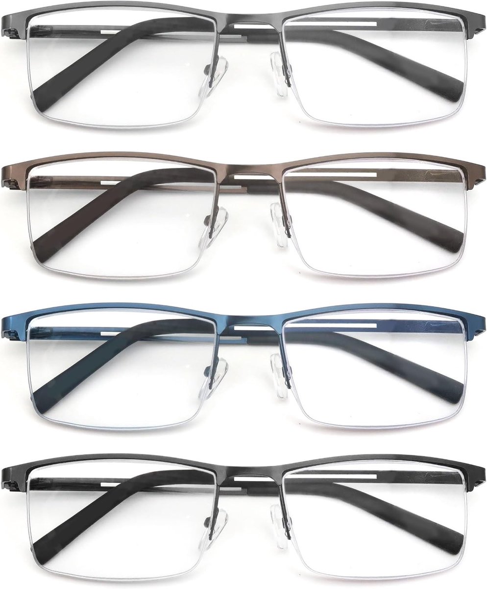 3-Pack Leesbrillen voor Mannen met Blauw Lichtfilter - Metaal Frame, Rechthoekig Ontwerp, RVS Materiaal