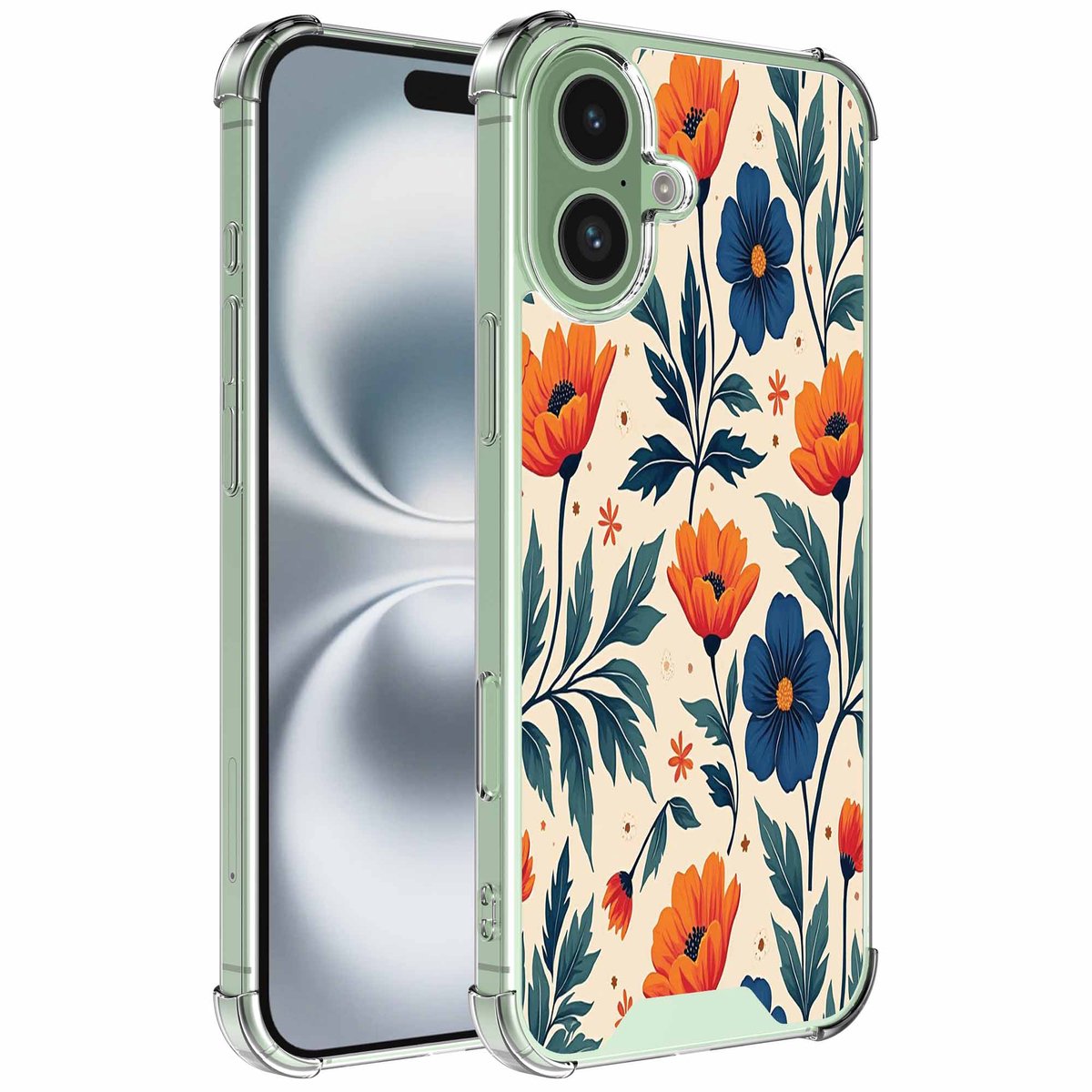Smartphonica Geschikt voor iPhone 16 Plus Telefoonhoesje met Rode en Blauwe Bloemen opdruk - Draadloos op te laden - Shockproof Siliconen TPU Strong Case - Sterk Schokbestendig Telefoonhoesje geschikt voor iPhone 16 Plus