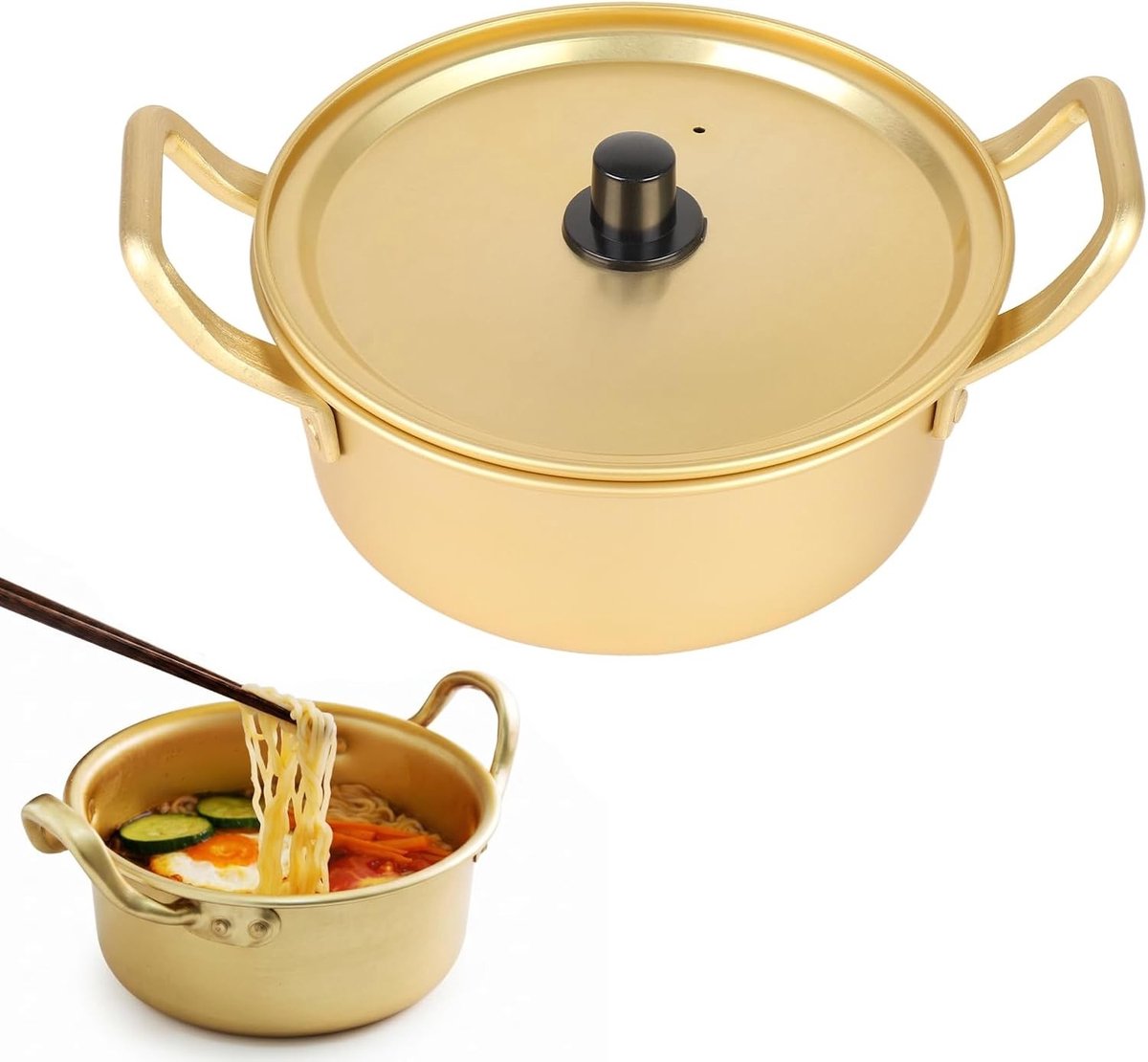 Ramen Kookpot met Deksel - Ideaal voor Noedels, Soepen en Kookgerechten - Lichtgewicht Aluminium (16cm, Geel)