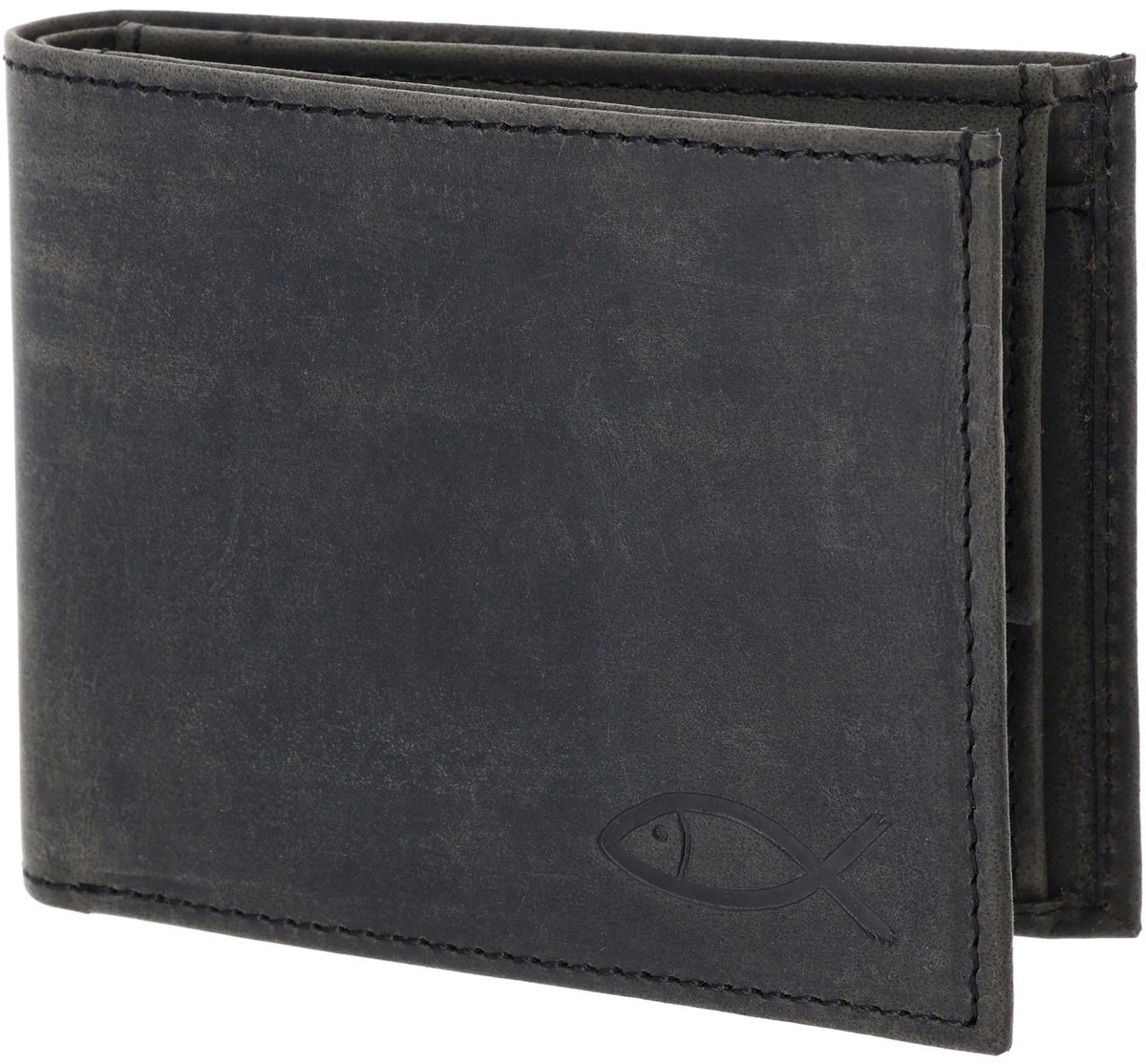 oxmox Leren portemonnee Leather RFID Protect Pocketbörse Freedom Fish Embossed Vintage Black zwart