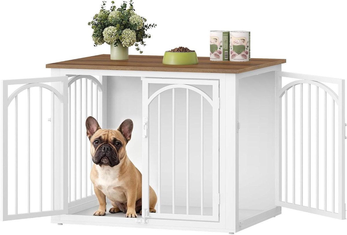 Hondenverblijf Meubel - Hondenmand Huis - Veilige Rustplek - Vier Deuren Design - 80cm Breed - Bruin Wit