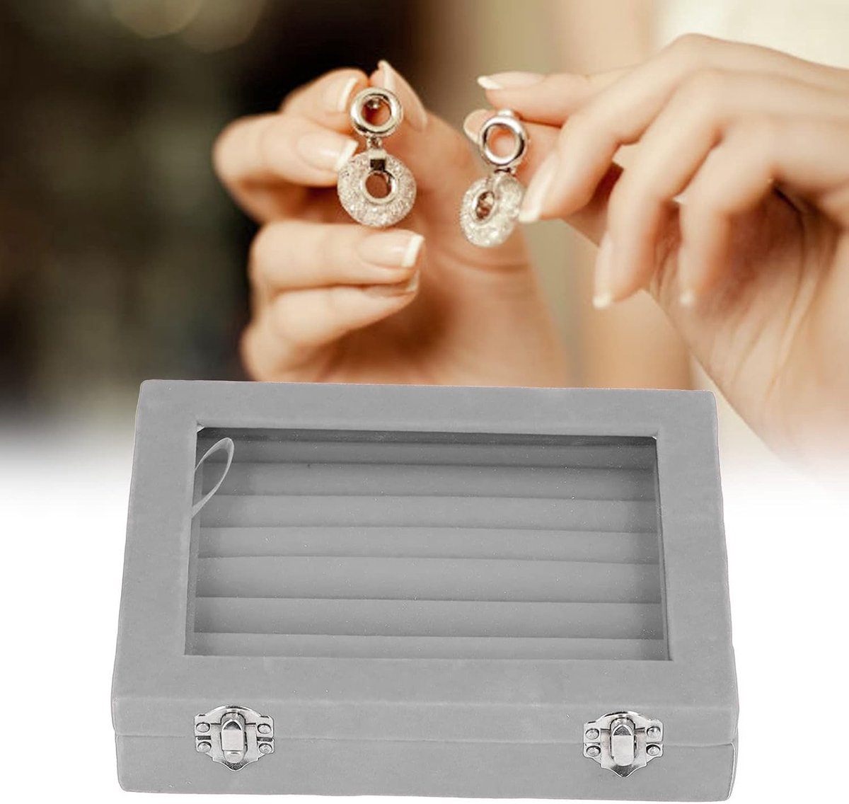 Ringen Organizer met 7 Slots, Velours Sieradenopslag voor Ringen en Oorbellen met Duidelijke Deksel, Sieraden Display en Opbergdoos voor Kettingen en Armbanden