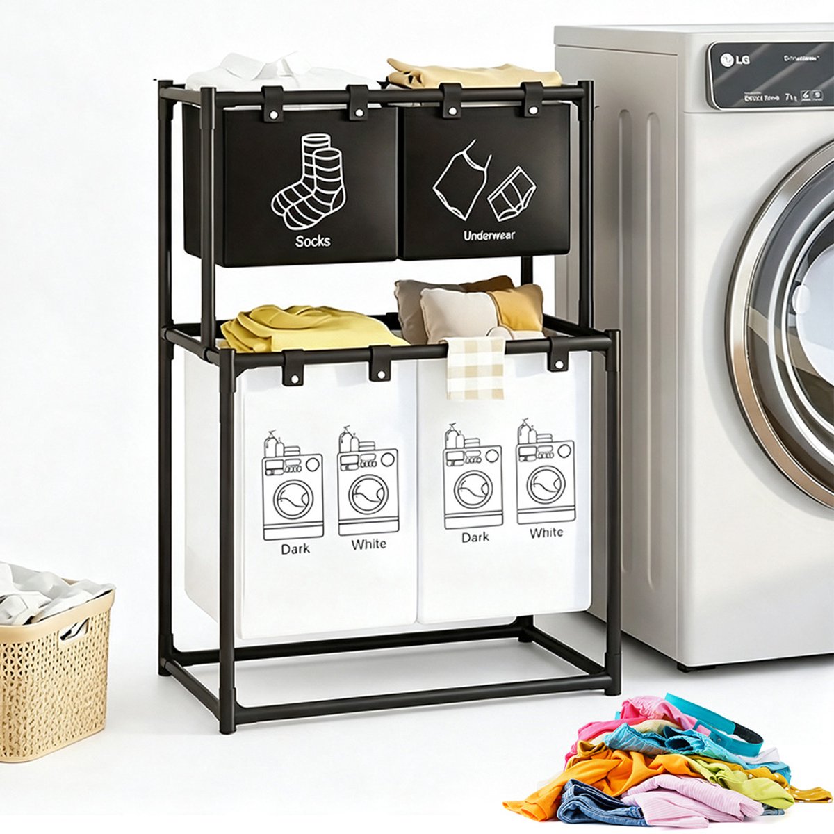 Wasmand 4 Vakken - Wassorteerder - Dubbellaags Wasmanden - met 4 Afneembare Oxford Zakken - Sorteert Donker/Licht/Ondergoed - Stevig Metalen Frame - 57x44x97 cm - Opvouwbaar - Voor Badkamer & Wasruimte - Zwart & Wit