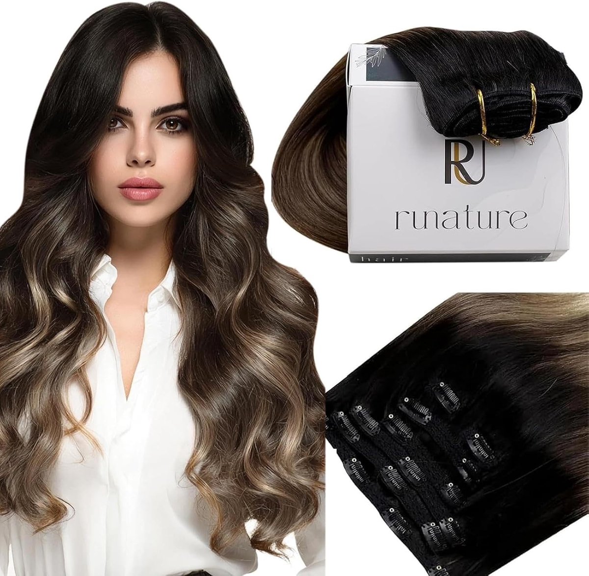 Clip-in Haarextensions van Menselijk Haar - Balayage Zwart 14 Inch - Natuurlijke Look en Gemakkelijk te Gebruiken