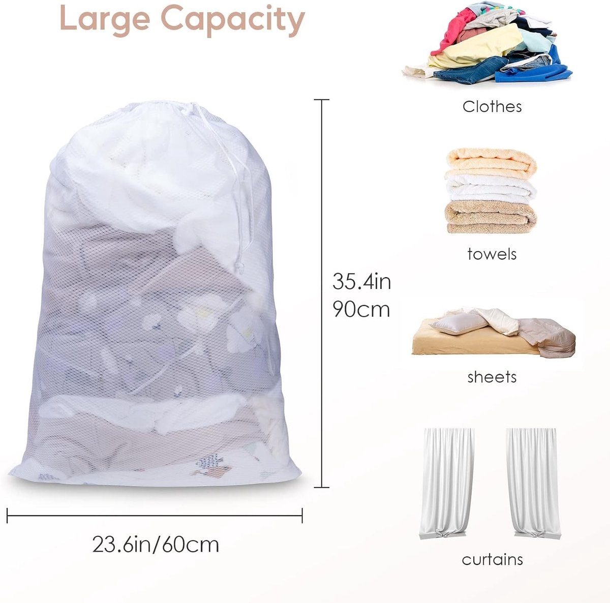 1 Pcs Trekkoord Waszak, 70×90cm Mesh Waszak voor Delicate en Zware Was, Duurzame Netwaszak voor Wasmachine, Ideaal voor Kleding en Ondergoed