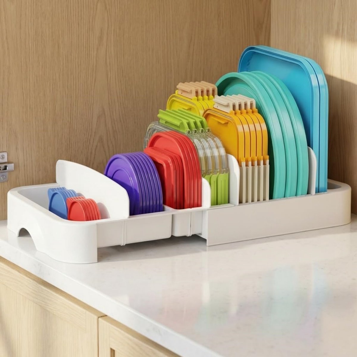 longziming - Deksel Organizer voor Keuken - Uitschuifbaar - Dekselhouder voor Bewaarbakjes - Verstelbare Kast- en Lade Organizer - Wit