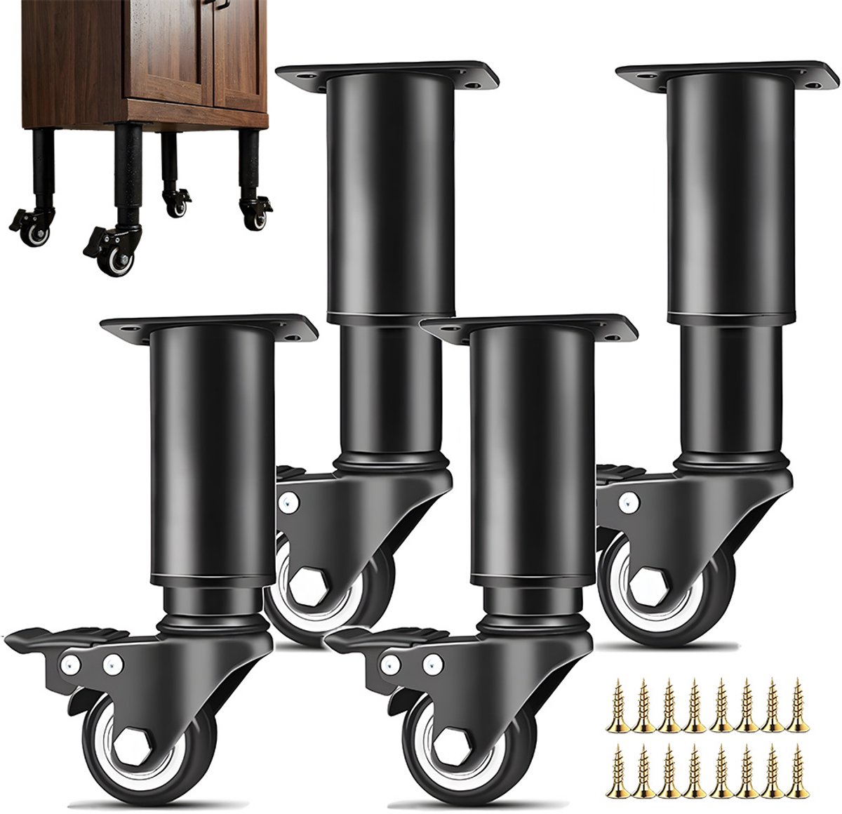 Meubelwielen 4 Stuks - Zwarelast Zwenkwielen - Verstelbare Transportwielen - 360° Draaibaar - met Rem - Hoogte 14-18cm - Schroefmontage - Zwenkwiel - Voor Bank & Bed & Tafel & Kast - Zwart
