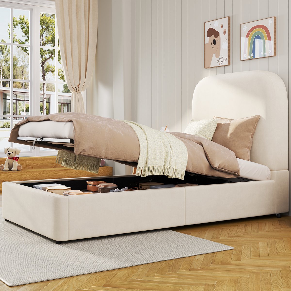 Gestoffeerd kinderbed - hydraulische opbergruimte en zacht hoofdeinde - 90x200 cm - Beige fluweel - Hydraulisch liftsysteem onder het bed - Dik gevoerd hoofdbord met afgeronde hoeken - Inclusief lattenbodem