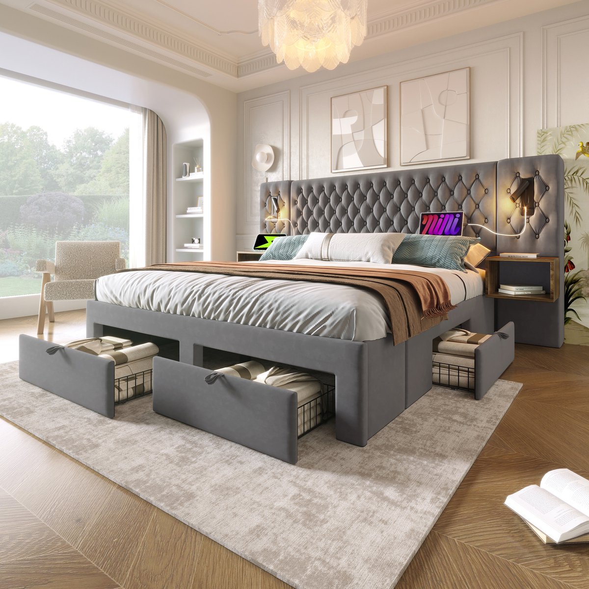 Gestoffeerd tweepersoonsbed 180x200 cm - Complete slaapkamerset met 2 nachtkastjes, 4 lades en USB Type-C - Grijs fluweel - Vintage design met leeslampen