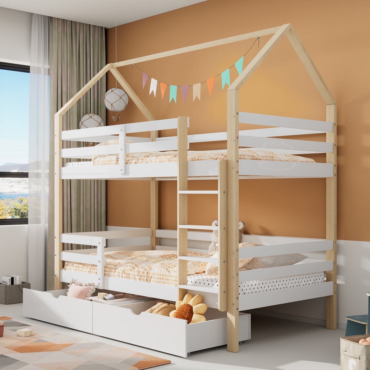 Huisbed stapelbed voor kinderen 90x200 cm - Met grote opberglades en veiligheidsreling - Wit en naturel hout - Stevig grenenhouten frame - Geschikt voor tiener- of kinderkamer