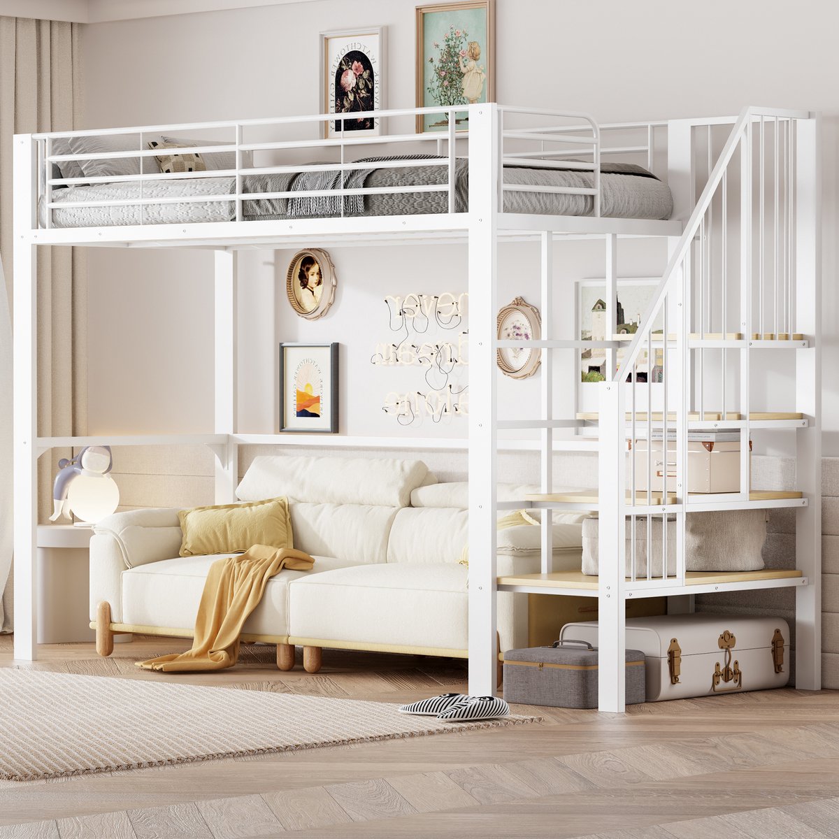 Metalen hoogbed met opbergruimte en trap - voor kinderkamer en volwassenenkamer - 90x200 cm eenpersoons - zwart - stevige stalen constructie - veel ruimte onder het bed - 24-delig lattenbodem
