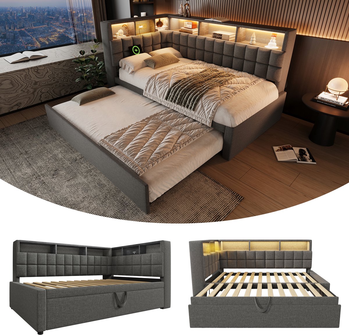 Gestoffeerde linnen slaapbank met uitschuifbed - 2-in-1 (90/180x200 cm) - Grijs - Blauwtooth-speaker, USB-C en LED - L-vormig hoofdeinde met opbergvakken