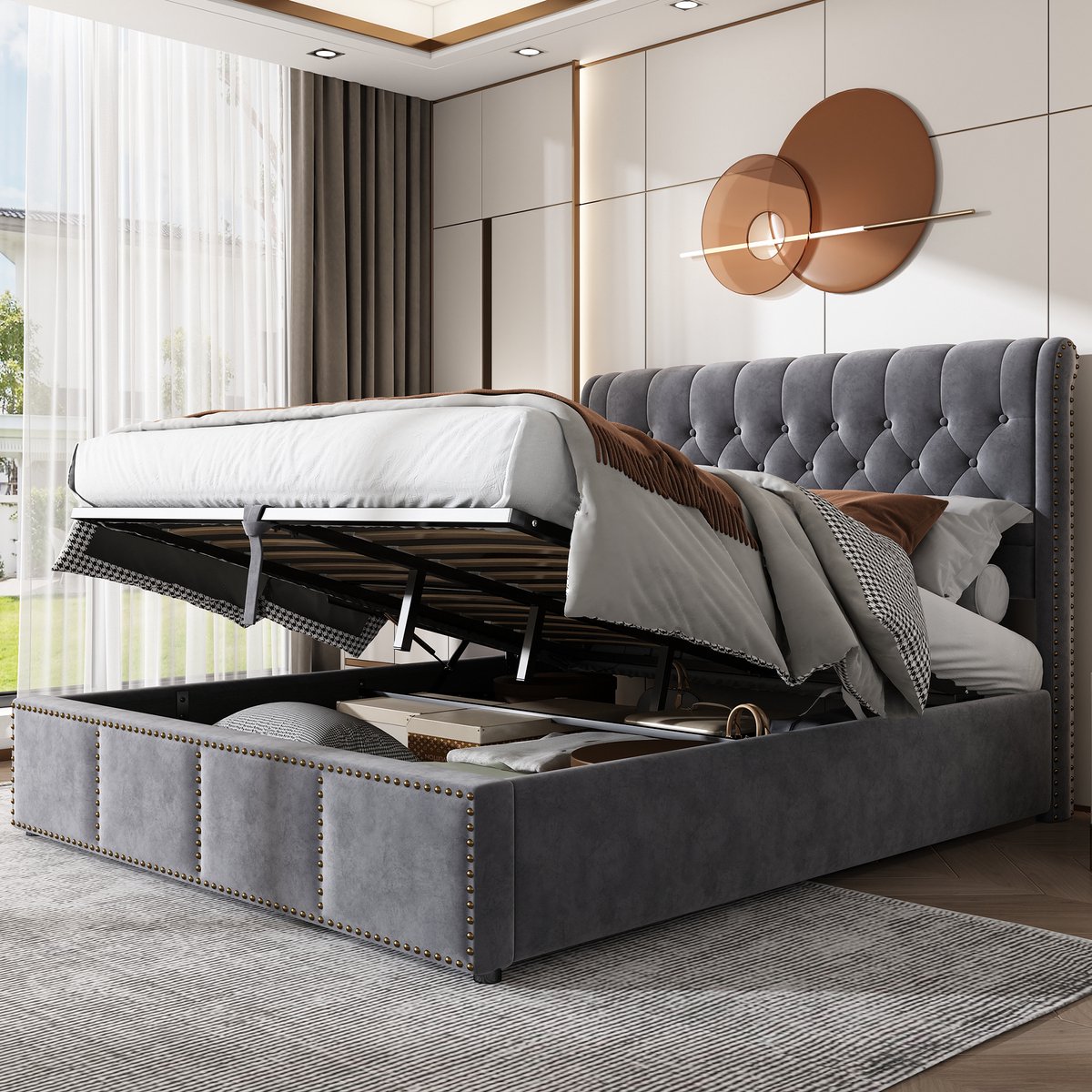 Gestoffeerd hydraulisch opbergbed 140x190 cm - Grijs fluweel - Met nagelkopversiering en hoog hoofdeinde - Inclusief lattenbodem, belastbaar tot 300 kg