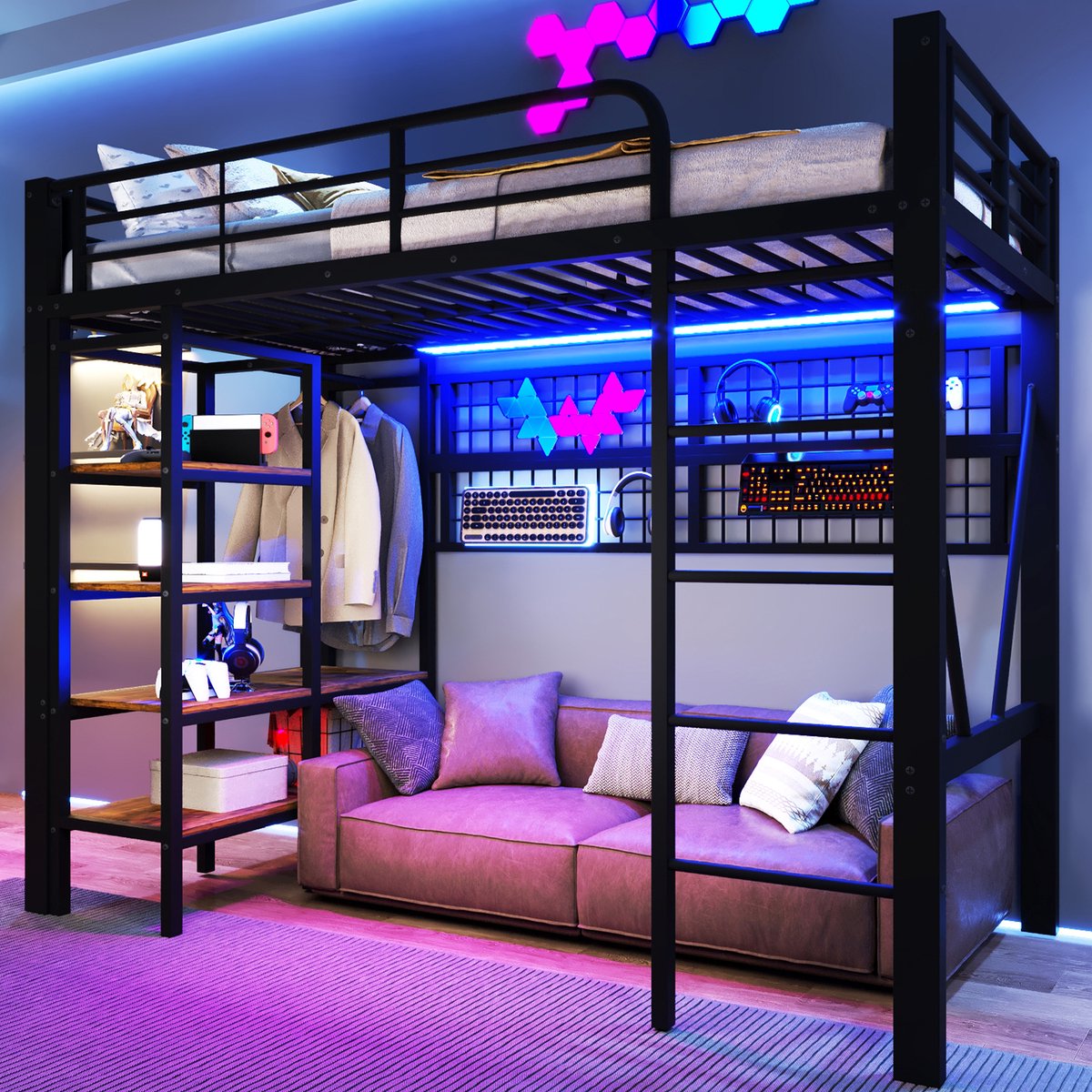 Hoogslaper met LED-lichtstrip en opbergnet - 90x200 cm eenpersoons - Zwart - App-bestuurbare sfeerverlichting - Inclusief kledingrek en legplanken - Open ruimte onder bed - Stabiel ijzeren frame
