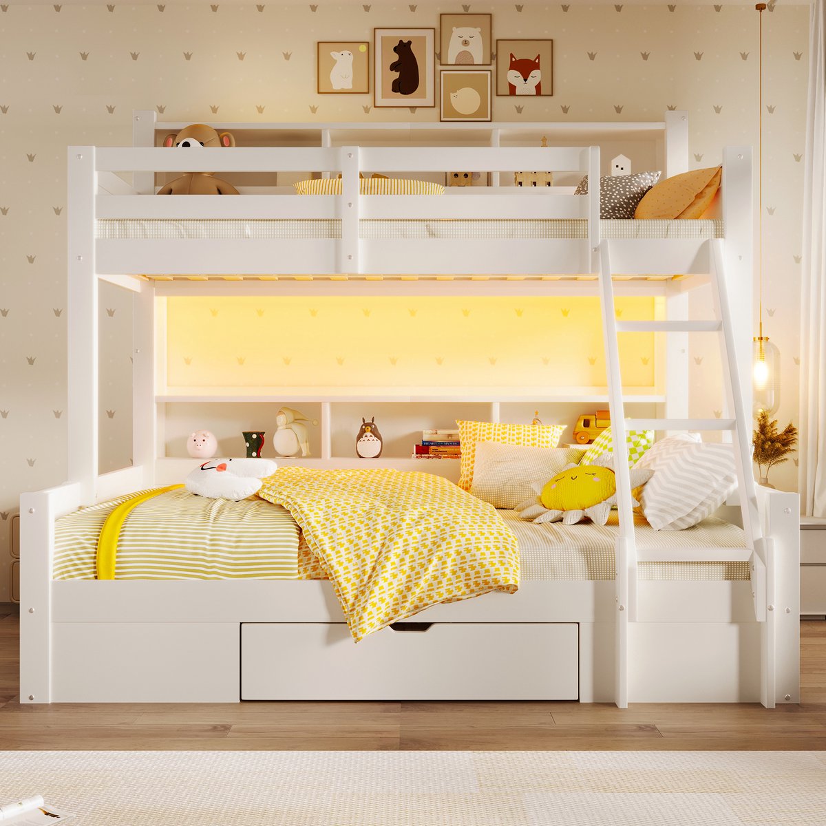 Stapelbed met LED-verlichting en opbergvakken - 90x200 cm boven + 140x200 cm onder - wit - ladder links/rechts monteerbaar - incl. lade