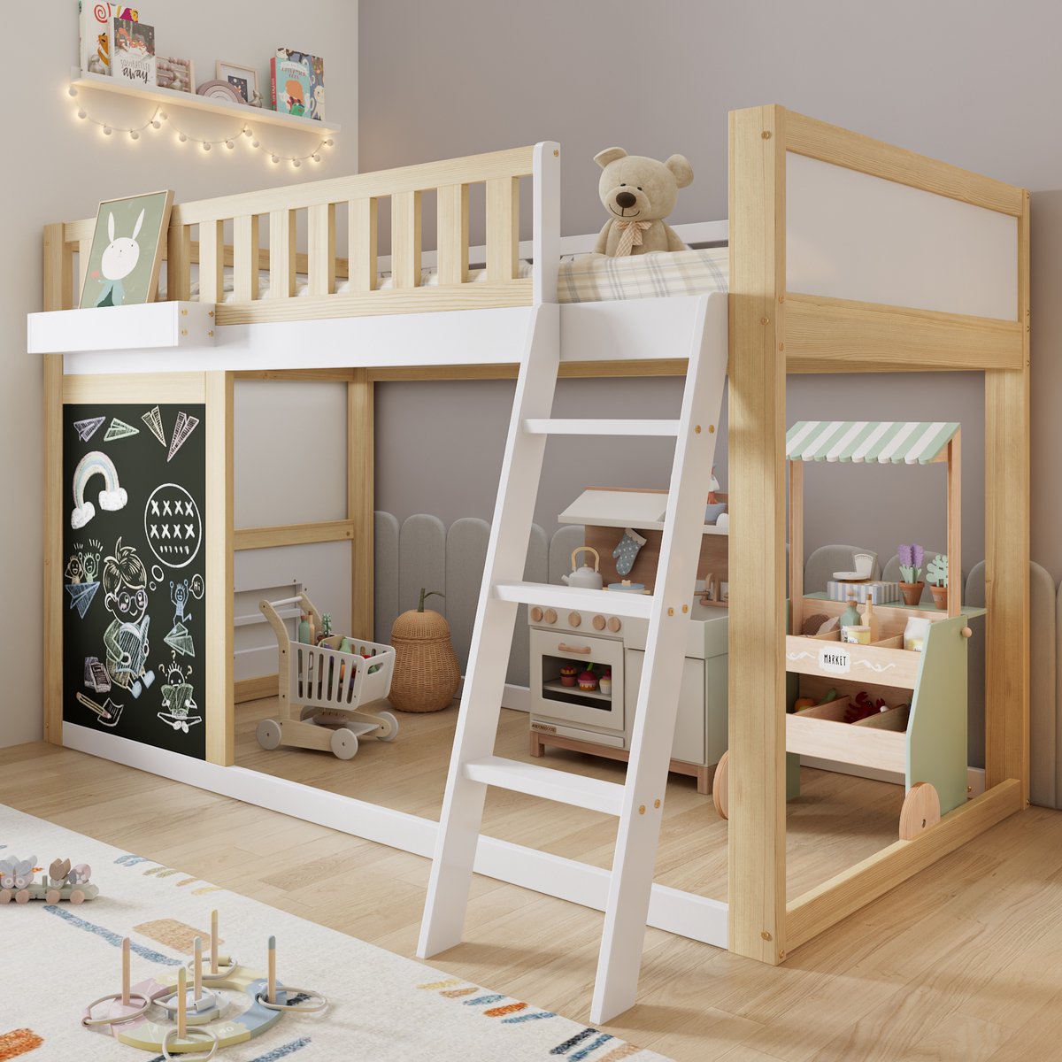 Kinderhoogbed - met krijtbord en opbergbox - 90x200 cm eenpersoons - wit+natuur - veiligheidsrek en 3-traps ladder - flexibele opbergruimte onder bed
