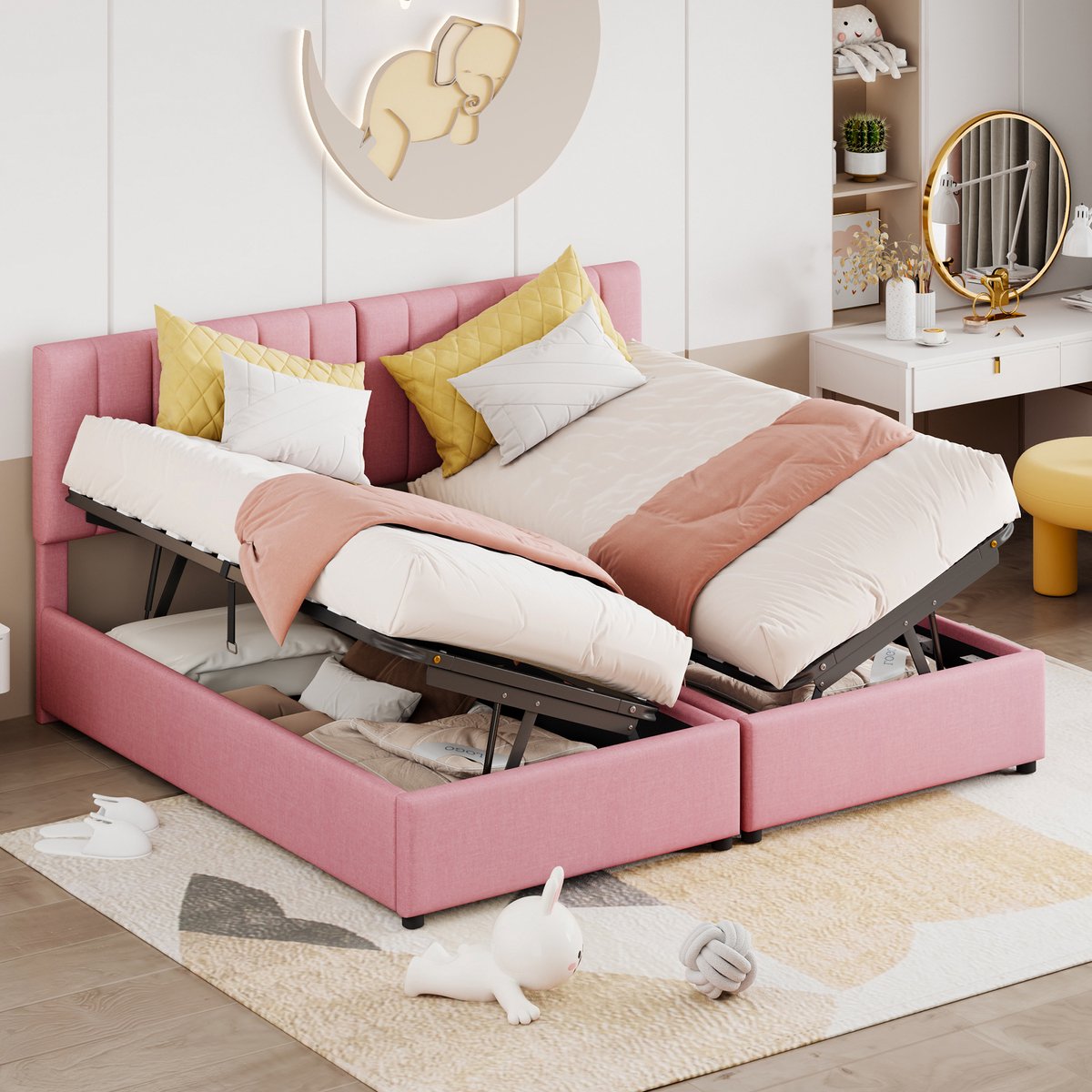 Gestoffeerd hydraulisch opbergbed - 180x200 cm - Roze linnen - Om te splitsen tot twee 90x200 cm kinderbedden - Verstelbaar hoofdbord - Huidvriendelijk linnen - 300 kg draagvermogen