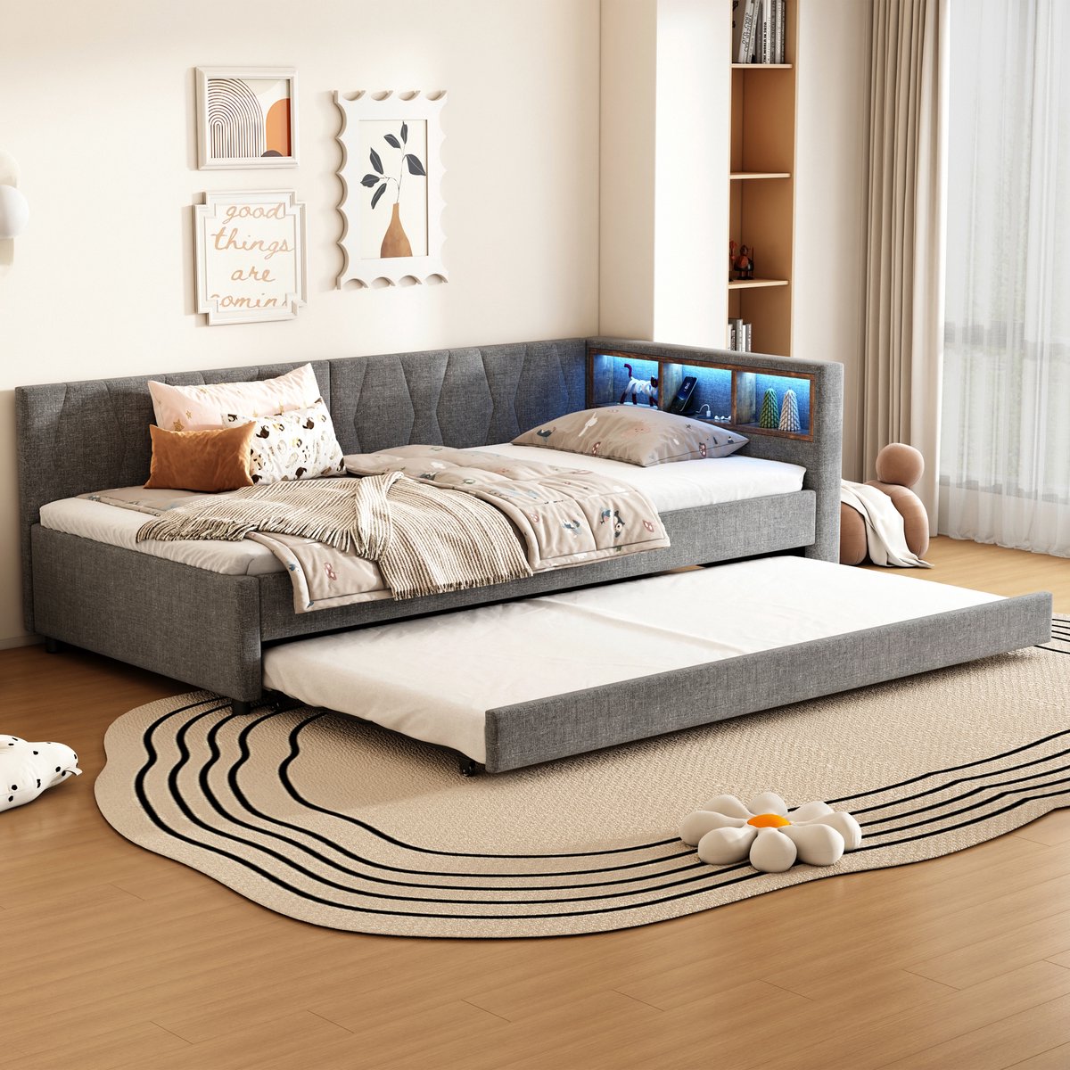 Uitschuifbaar dagbed - Multifunctionele slaapsofa met LED-verlichting - 90/180x190 cm voor 1-2 personen - Grijs linnen - USB-C en USB-A poorten - Opbergvakken in hoofdeinde