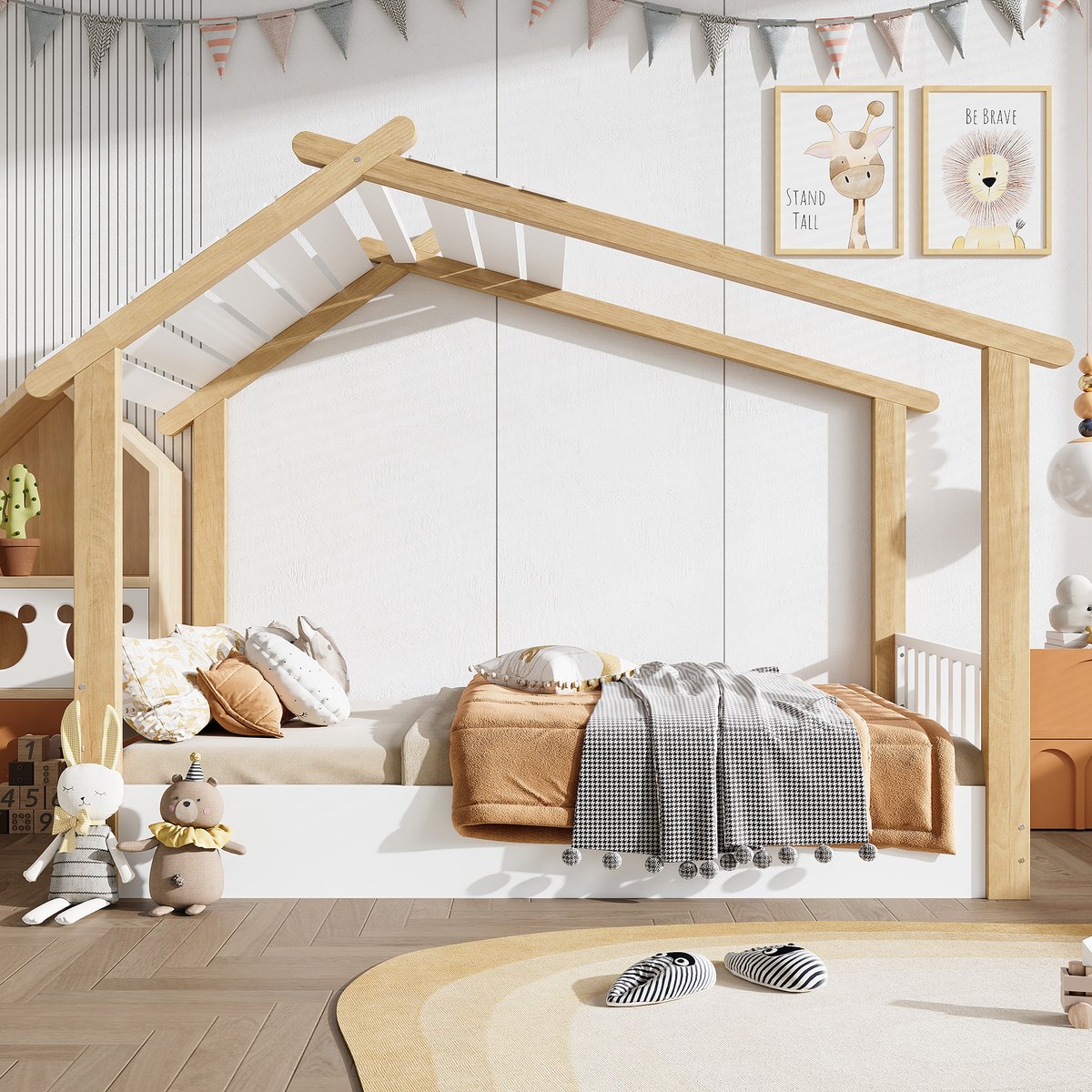 Houten kinderbed met speels huisdesign - veilig en knus voor de kinderkamer - 90x200 cm eenpersoons - wit+naturel - stevige lattenbodem - minimalistisch en tijdloos