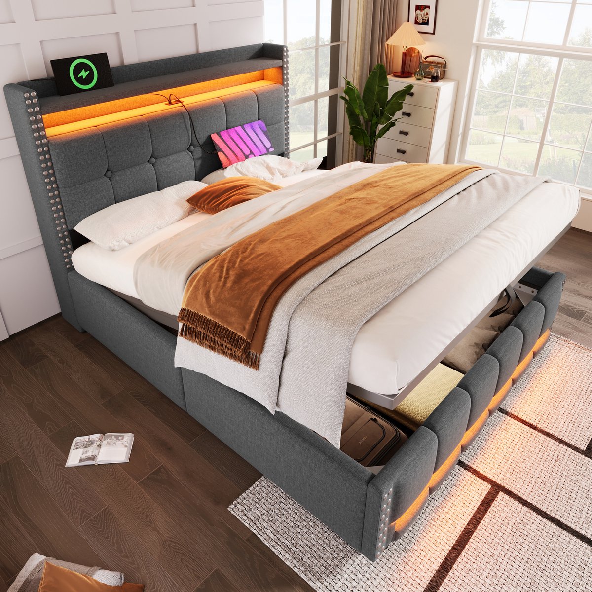Gestoffeerd opbergbed 160x200 cm - LED-sfeerverlichting en USB oplaadpoorten - 2 personen - Grijs - Hydraulische opbergruimte - Opbergvakken in hoofdeinde - Stabiel tot 250 kg - Inclusief lattenbodem