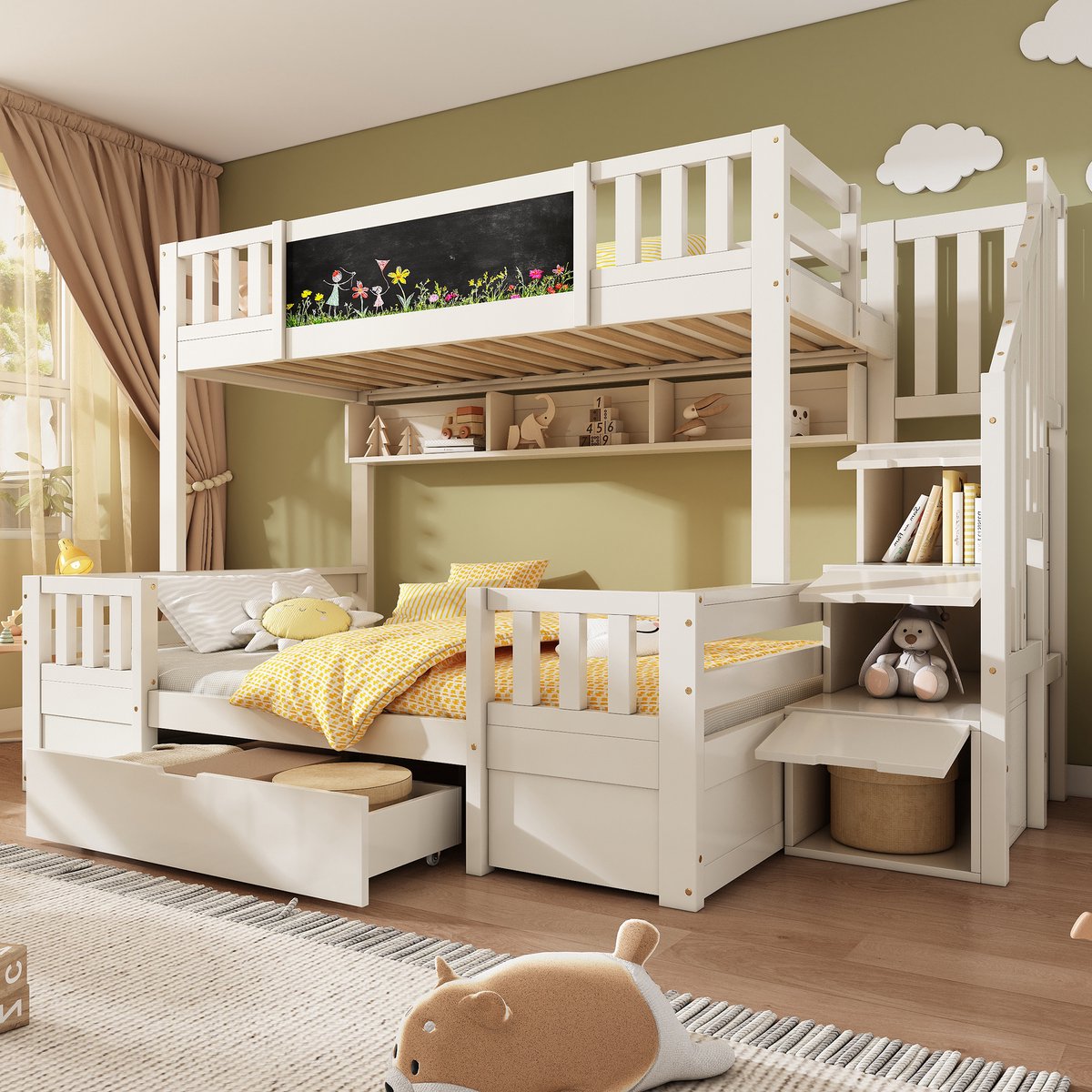 Stapelbed met krijtbord en opbergtrap - voor 3 kinderen - 90x200/140x200 cm - wit - massief hout met lades - EN747 gecertificeerd