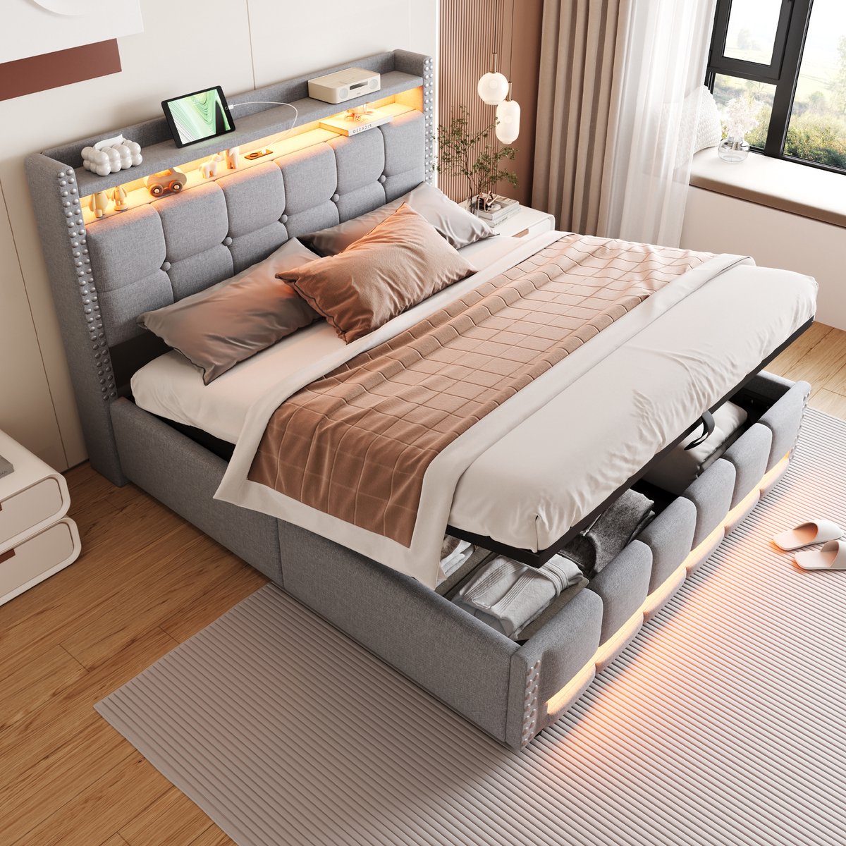 Gestoffeerd bed 160x200 cm - met hydraulische opbergruimte, LED en USB/Type-C - tweepersoons - lichtgrijs linnen - hoofdeinde met legplanken en opbergvakken - stevig tot 250 kg