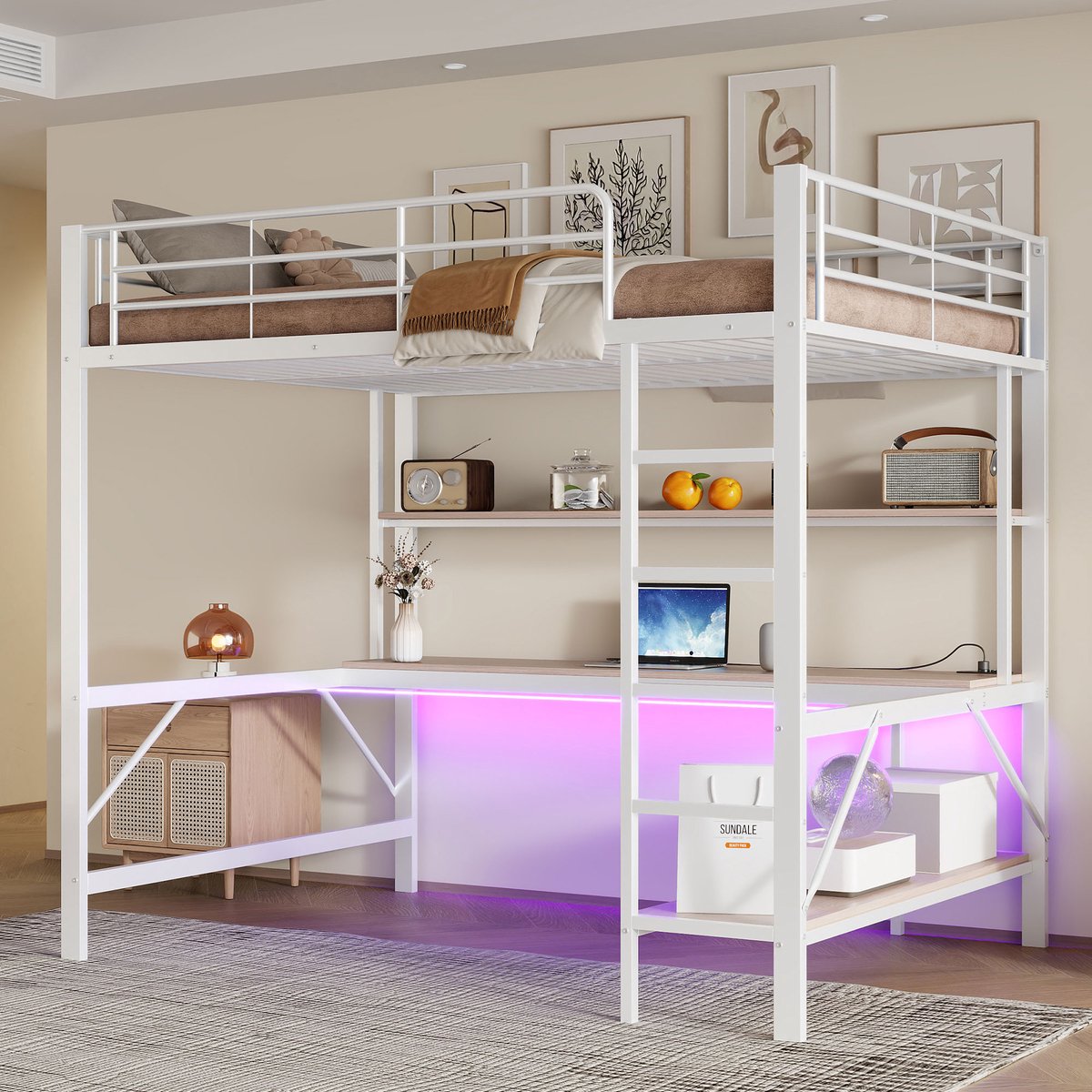 Hoogslaper met bureau, opbergplanken en LED - multifunctioneel kinderbed - 140x200 cm tweepersoons - wit - met USB en stopcontact - app-gestuurde verlichting - stevig metaal frame - inclusief lattenbodem