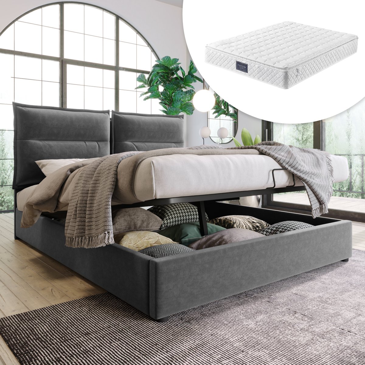 Hydraulisch opbergbed met verstelbaar hoofdbord en matras - 140x200 cm tweepersoons - Grijs fluweel - Inclusief 7-zones pocketveringmatras H3 - Hydraulisch opbergvak 136x195 cm - Verstelbaar hoofdbord ±6 cm