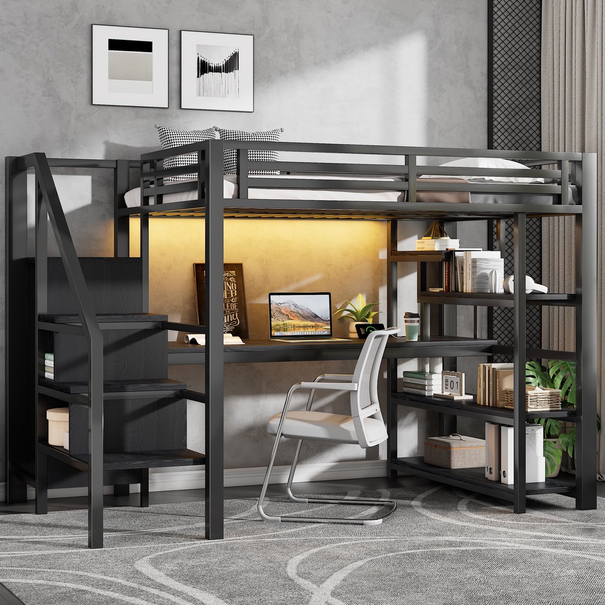 Metalen hoogslaper met bureau en kledingkast - 140x200 cm tweepersoons - Zwart - App-gestuurde LED-verlichting - Geïntegreerd USB-laadstation - 4-laags opbergrek en opbergtrap