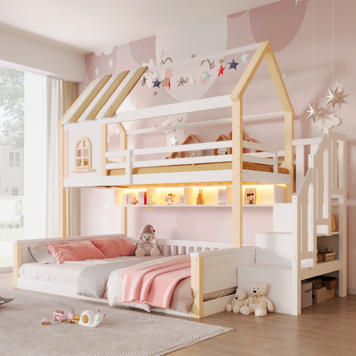 Kinderstapelbed met LED en opbergtrap - 90x200 cm boven + 140x200 cm onder - Wit en natuur - Huisdesign met ramen - Open opbergvakken en veiligheidsreling - Massief grenen frame