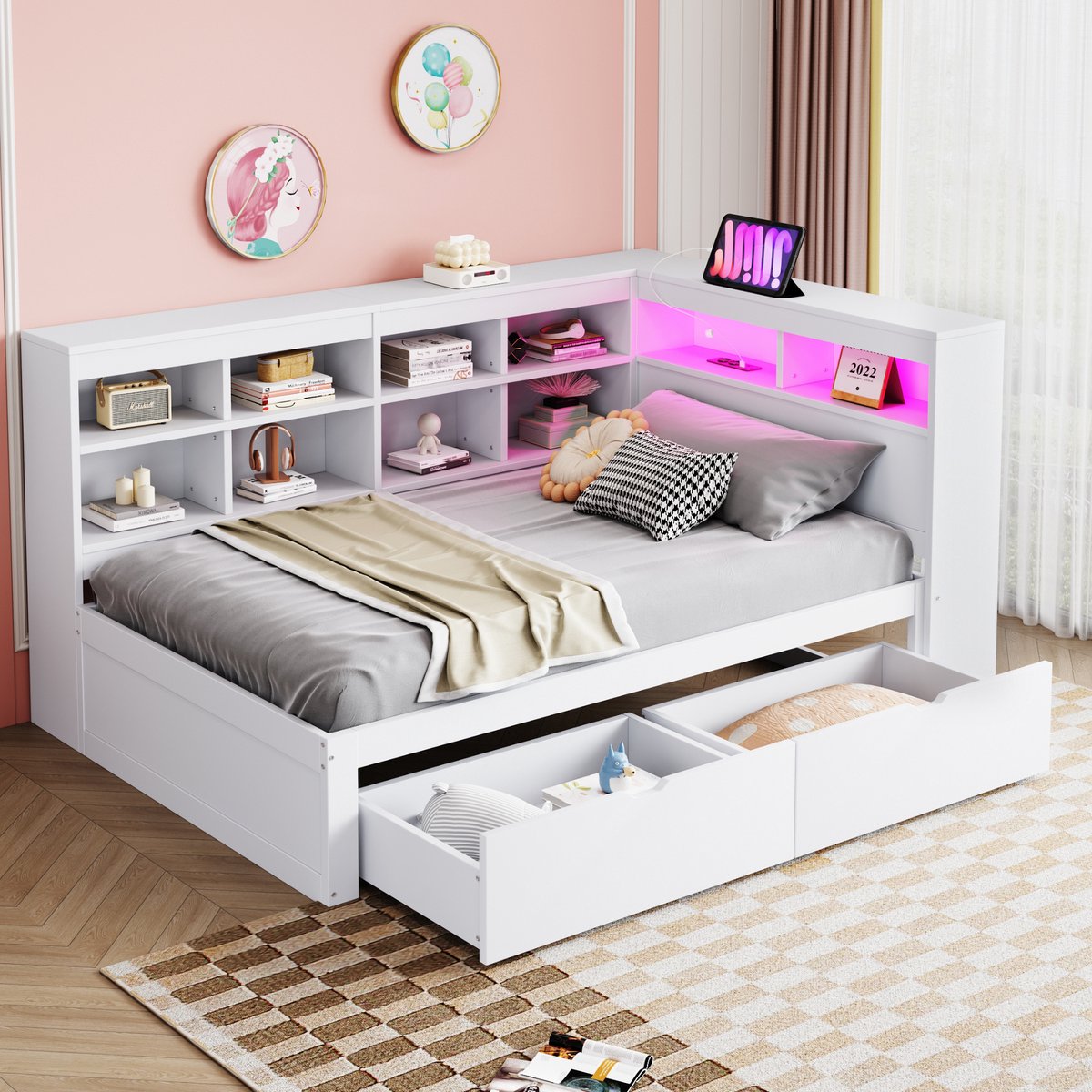 Massief houten slaapsofa met veel opbergruimte - 90x200 cm - Wit - USB-oplaadpunt en LED-lichtstrip - Inclusief planken en lades - 15 latten - Geschikt als eenpersoonsbed en bank