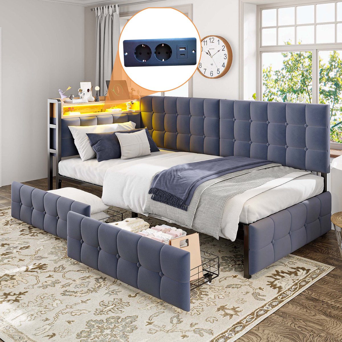 Gestoffeerd slaapbank 90x200 cm - Multifunctioneel bootbed met LED en USB-C - 1 persoon - Grijs - 2 opberglades en verstelbare sfeerverlichting - Stevig metalen frame - Inclusief lattenbodem