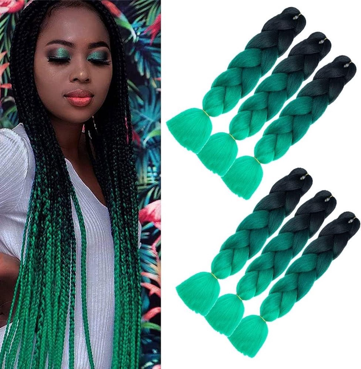 Kleurige vlecht haar extensions voor vrouwen - Ombre jumbo synthetisch haar voor vlechten, twist en haakwerk (24 inch, zwart naar diep groen naar groen)